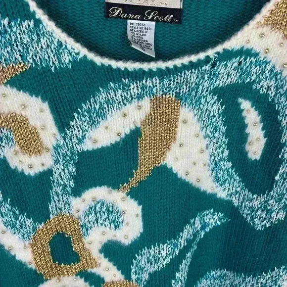 Vintage Dana Scott Teal & Gold Embellished Sweater Size Small 80s Sweater - Picture 3 of 8